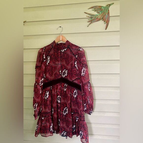 TED BAKER red dress Coriey Ladder Trim Insert High Neck mini size 5 (L 12-14) - Picture 3 of 16